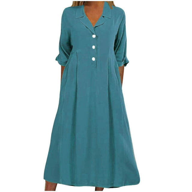 Pisexur Robes d'Automne pour Femmes 2024 Col Rabattu Manches 1/2 Robe Maxi Mode Élégante Couleur Unie Robes de Retour à la Maison Décontractées Fluides Col en V Boutonnée Robe de Cocktail