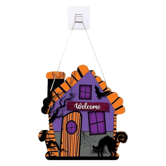 CASAFUN Halloween Wooden Welcome Door Decorated Purple Haunted House Hanging Door Sign Halloween Wreath Sign