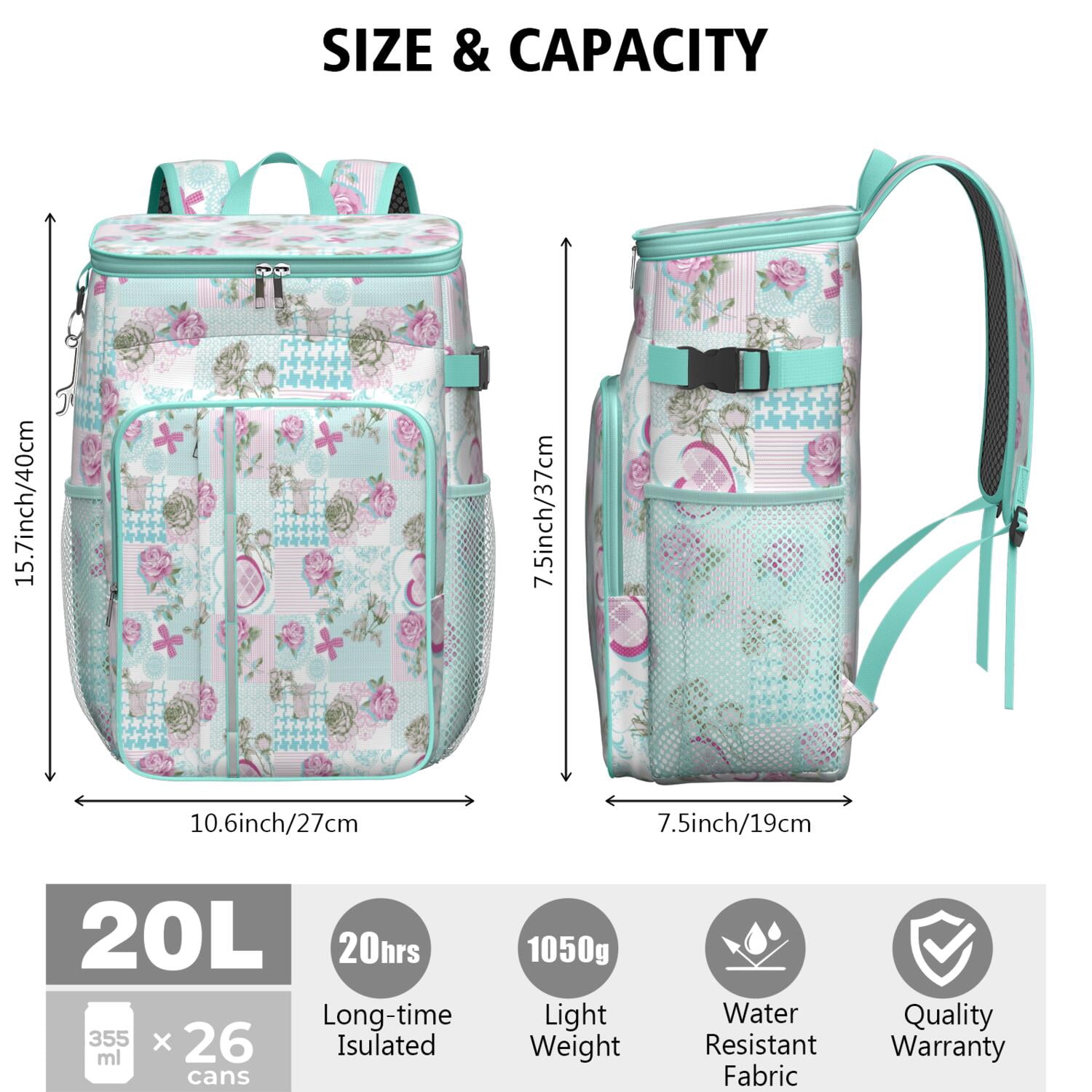 Travel Cooler Bag - Pioneer Flower Floral Print Pattern Camping Beer Cooler Backpack with Bottle Opener- Waterproof Insulated Picnic Backpacks - Cooler Bag for Beach