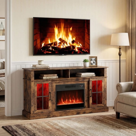 Resenkos 58 Inch Fireplace TV Stand with LED Lights, Entertainment Center with Storage Cabinets Glass Doors for Living Room, Rustic Brown
