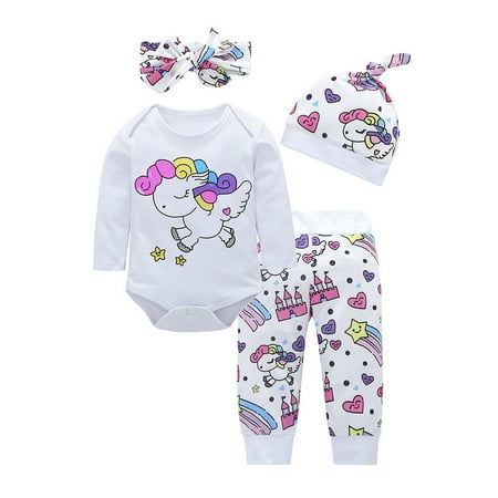 

EHTMSAK Newborn Infant Toddler Baby Kids Children Child Girl Outfits Long Sleeve Clothing Set Bodysuit and Pants Set Cartoon Print with Hat Headband White 0-3Y 90