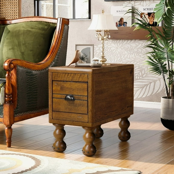 Solid Wood End Table - 23.6" Narrow with Drawer, Easy Assembly | Vintage