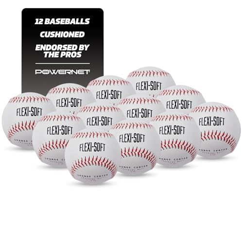 PowerNet Flexi-Soft Baseballs, 12-Pack Practice Baseballs with Sponge Center, Baseball Pitching & Batting Practice Equipment Soft Balls, Cushioned Core Safety Balls for Young Athle