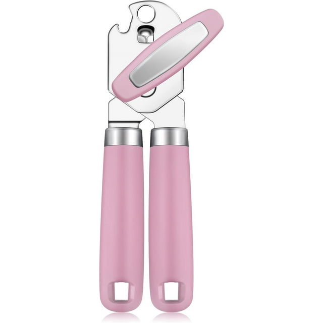 HUGFEGWE Can Opener Manual Handheld Strong Manual Can Opener Smooth Edge Cut in pink. Features large, soft rubber-coated handles for a non-slip grip and an oversized knob for easy turning. Includes a built-in bottle opener and a durable stainless steel cutting blade for smooth can opening. Designed for hand washing only.