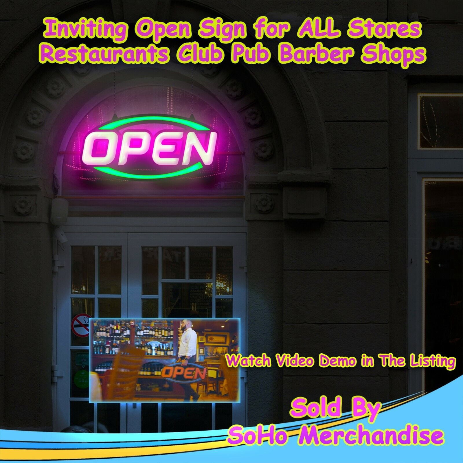 Extar Large Open Sign for Businbess - Ultra Bright LED Open Neon Sign for Store w/ Key Fob Remote Control - Animated Flashing LED Open Signs, Shop Light (32" x 16" Oval, Pink & Green)