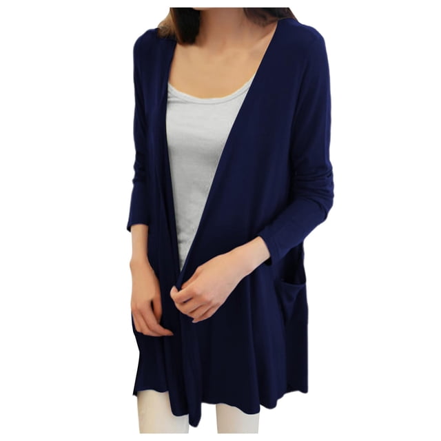HBFAGFB Womens Cardigan Comfortable Long Sleeves Thin Spring Summer Jacket with Pockets Navy Size One Size