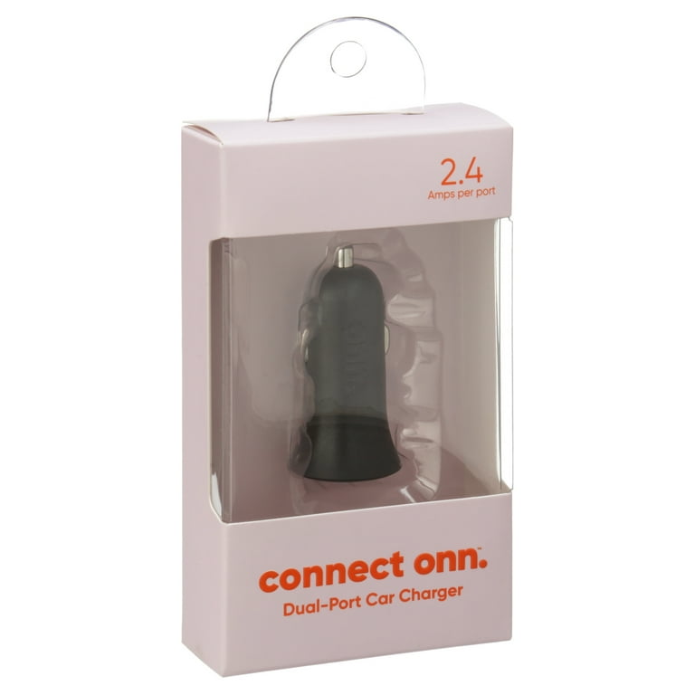 onn. Dual-Port Car Charger, Black,LED power indicator, cell phone charger,  charge an additional device at the same time,universal device. Friendly