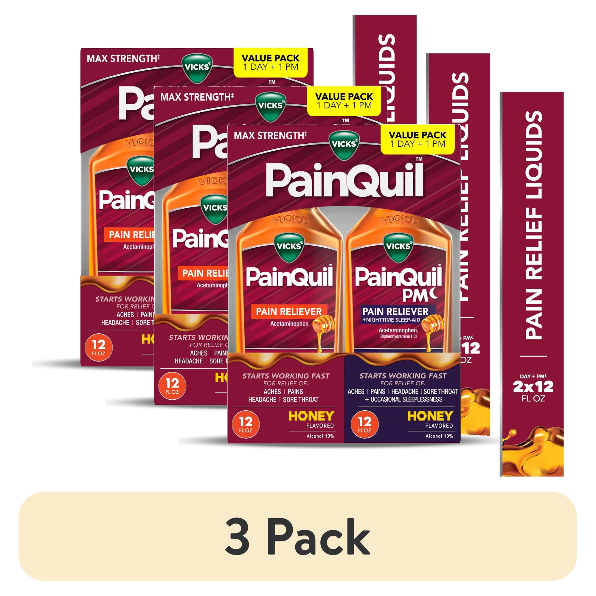 (3 pack) Vicks PainQuil Pain Relief and Nighttime Sleep Aid Liquids, Acetaminophen 1000mg, Honey, 2x12oz