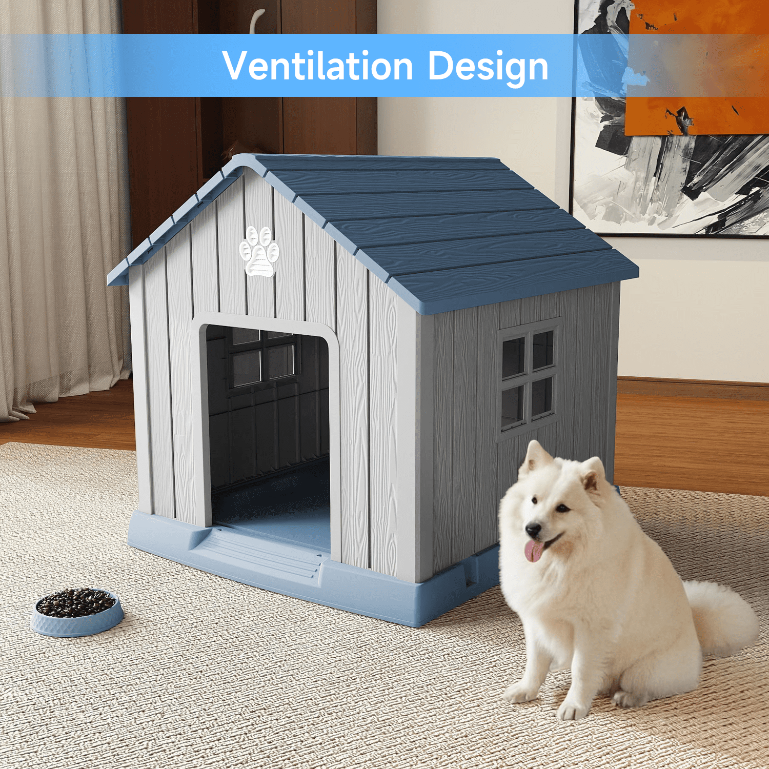 fazzn Durable Waterproof Resin Dog House for Small to Large Sized Dogs, Indoor Outdoor Doghouse Puppy Shelter with Elevated Floor, Easy to Assemble .Blue/Brown