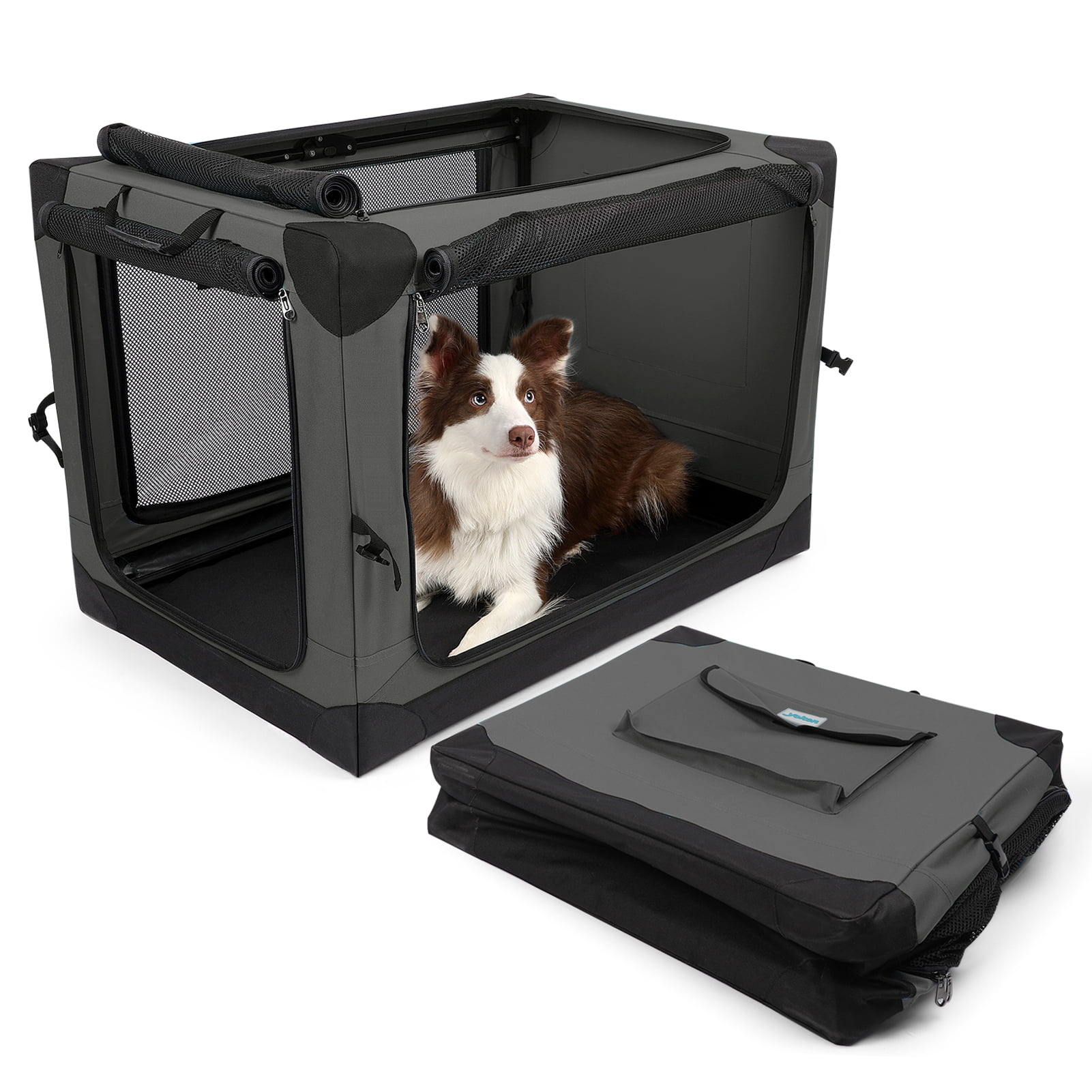 Yoken Grey Folding Dog Crate,4Door Collapsible SoftSided Dog Travel