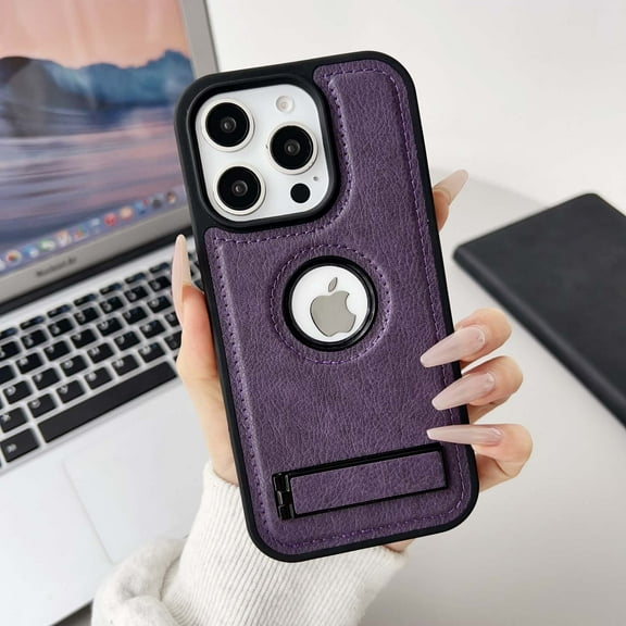 Designed For iPhone 12 Pro / 12 6.1" Phone Case,Built-in Contractile Kickstand,Logo View PU Leather Shockproof Anti-fall Ultra Slim Lightweight Rugged Scratch-Resistant Durable Phone Case,Purple