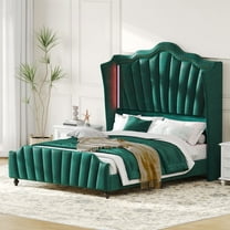 Uforic Queen Upholstered Platform Bed with Tall Wingback Headboard, Velvet Bed Frame with LED Light, Solid Wood Leg, Green