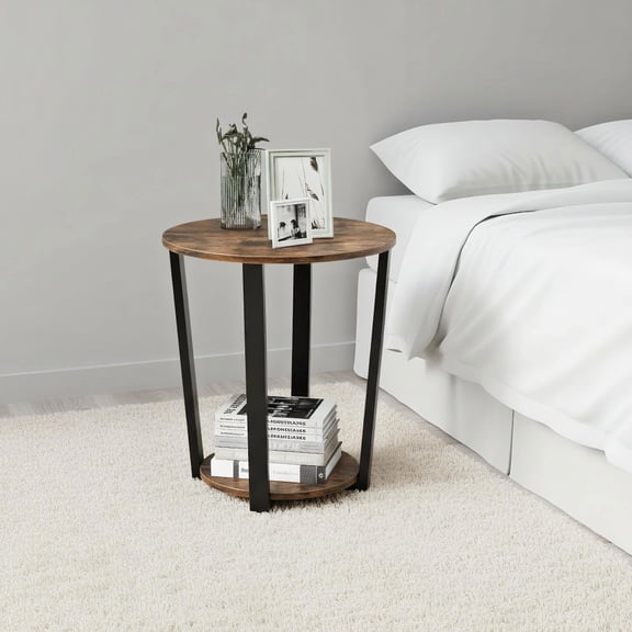 Barara King Nightstand,Coffee Side Table,2-tier Round End Table with Storage Shelf and Metal Frame-Brown