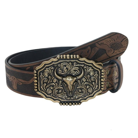 Weflink Western Theme Waist Belt with Embossed Bull Pattern Buckles Adjustable Waist Strap For Men And Women Event