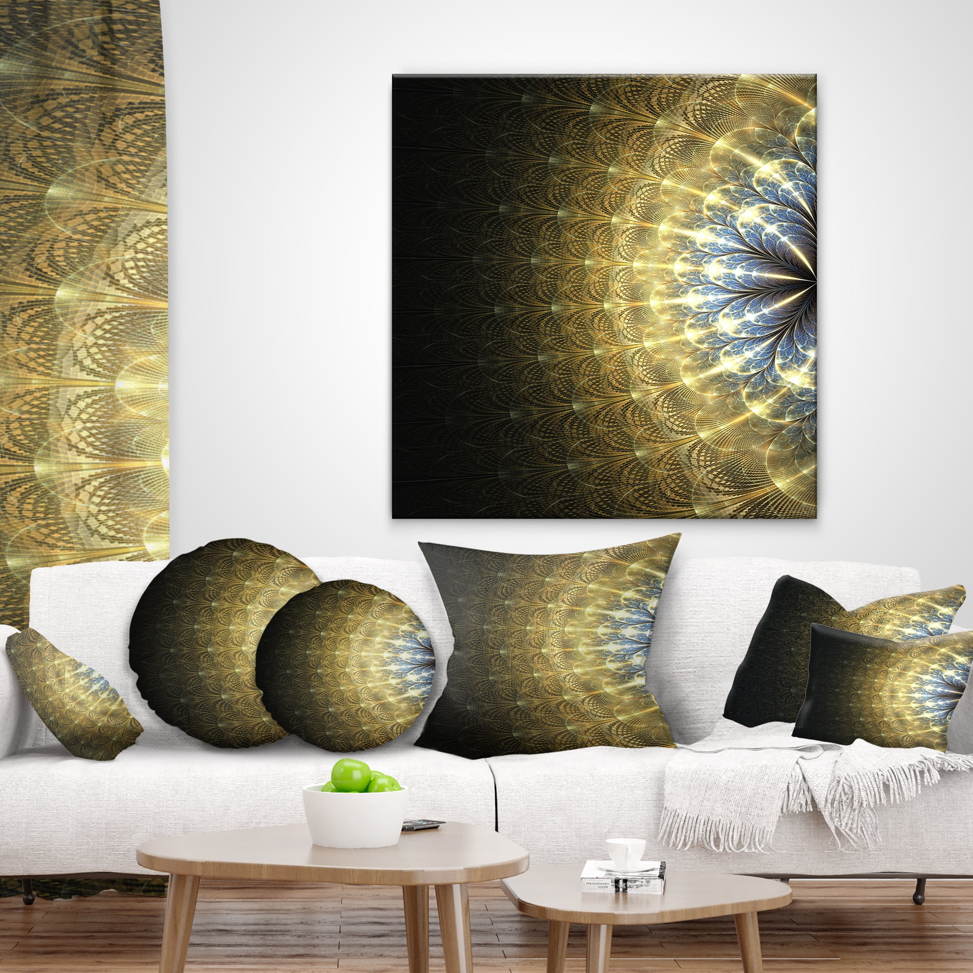 Designart Amazing Gold Symmetrical Fractal Flower - Floral Throw Pillow - 12x20