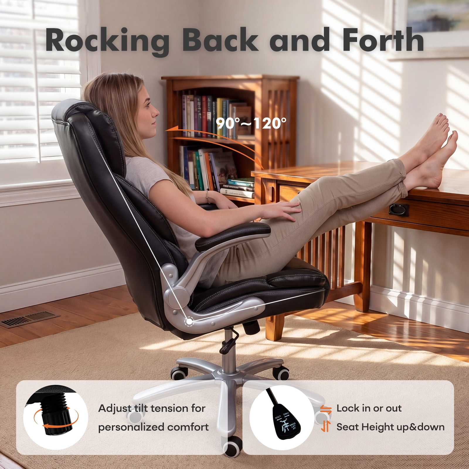 iooHug Big and Tall Office Chair 400lbs, Ergonomic Desk Chair with Lumbar Support, Flip-Up Arms, Faux Leather High Back Computer Chair for Home Office, Black