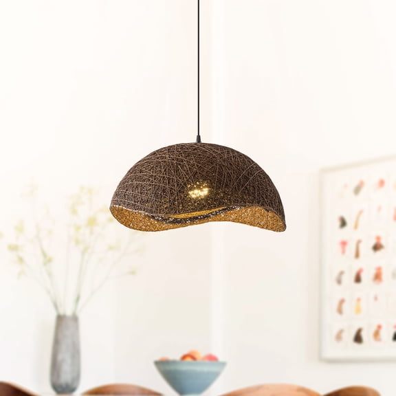 21"  Boho Farmhouse Irregular Oval Handwoven Rattan 1-Light Adjustable Pendant Fixture