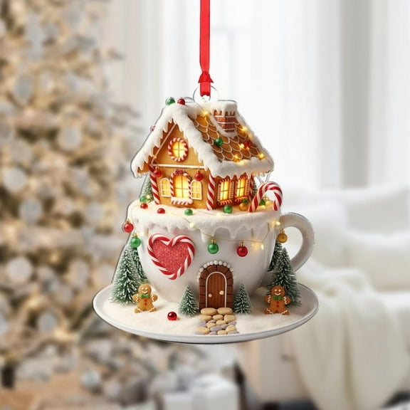 ViciArt Gingerbread House Christmas Ornament, Acrylic or Fiber Wood, Candy Cane Cup Decor