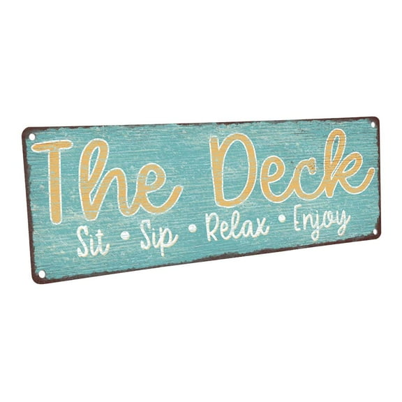 The Deck - Sit, Sip, Relax 4"x12" Metal Sign, Wall Dcor for Porch, Patio, and Deck