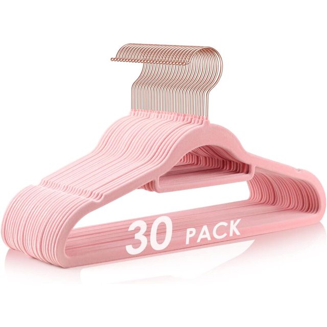 Perchas de terciopelo, perchas de fieltro antideslizantes, paquete de 30 perchas de terciopelo rosa, perchas delgadas que ahorran espacio con gancho giratorio de oro rosa
