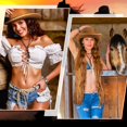 thumbnail image 2 of Set de disfraces Vabean Western Cowgirl de los 70, hippie, 5 unidades, caqui, XXL, 2 of 7