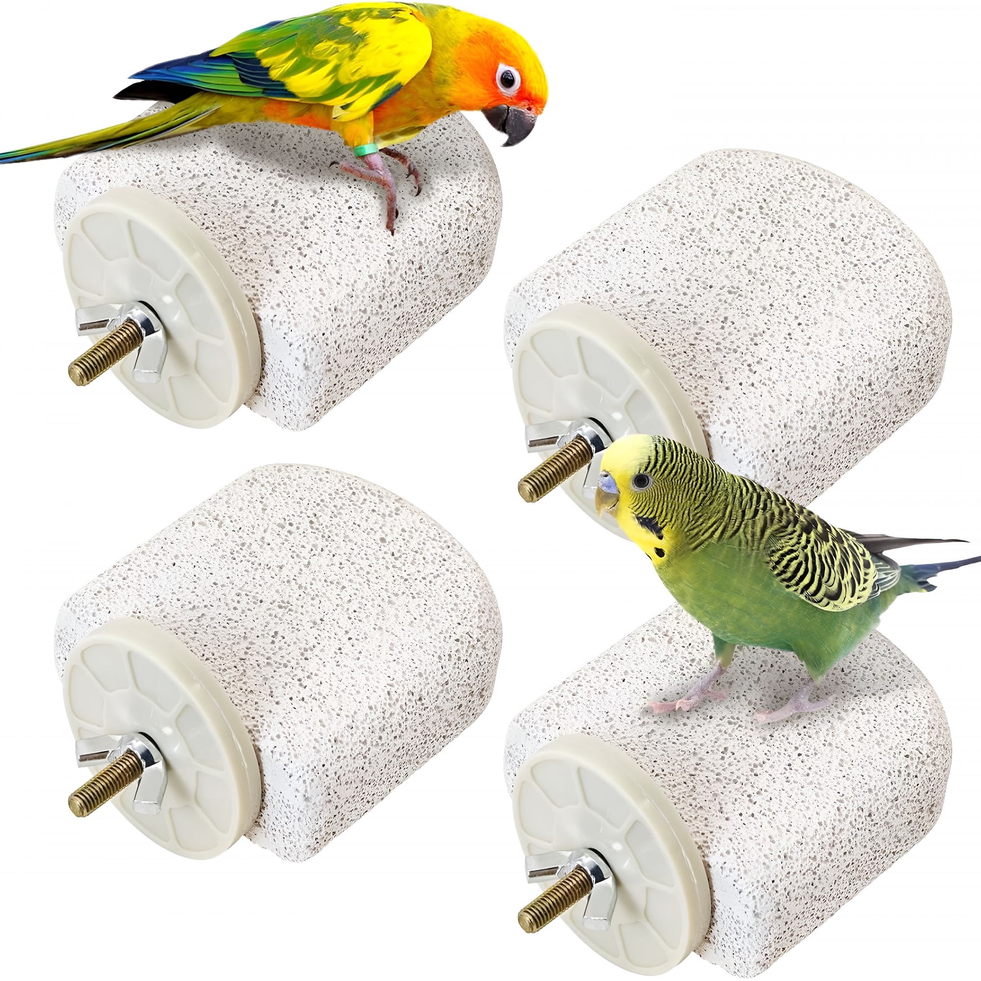 BESTSKY 4 Pcs Small Natural Parrot Beak Grinding Stone Parakeet Chew Toy Calcium Parrot Perch Stand Bird Cage Accessories for Budgies, Cockatiels, Conures, Lovebirds, Canary