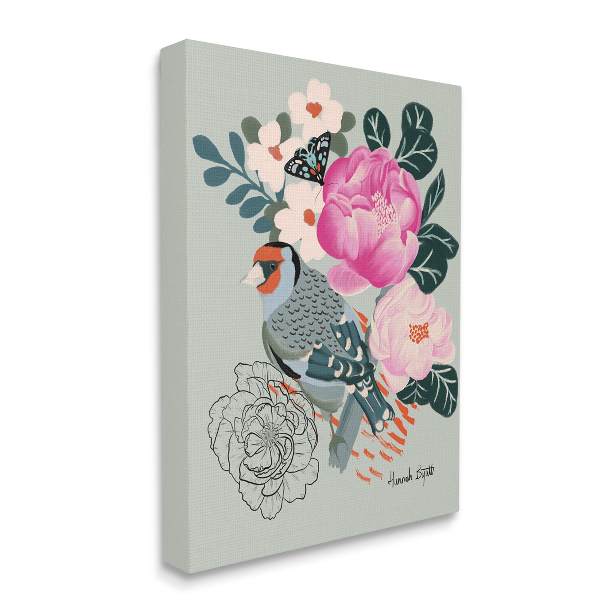 Stupell Industries Bird & Peonies on Green Animals & Insects Painting Gallery Wrapped Canvas Print Wall Art, 30 x 40