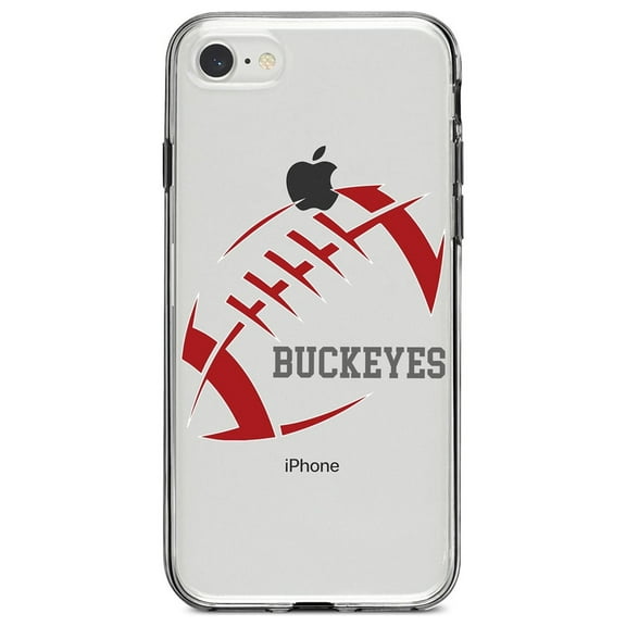 DistinctInk Clear Shockproof Hybrid Case for iPhone 7 8 SE (2020 Model) 4.7" Screen TPU Bumper Acrylic Back Tempered Glass Screen Protector - Buckeyes Football - Scarlet, Gray
