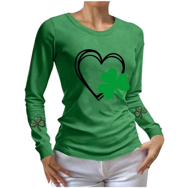 Camiseta Suelta de Cuello Redondo de la Impresión Del Día de San Patricio Casual de las Mujeres de Manga Larga para Primavera Verano