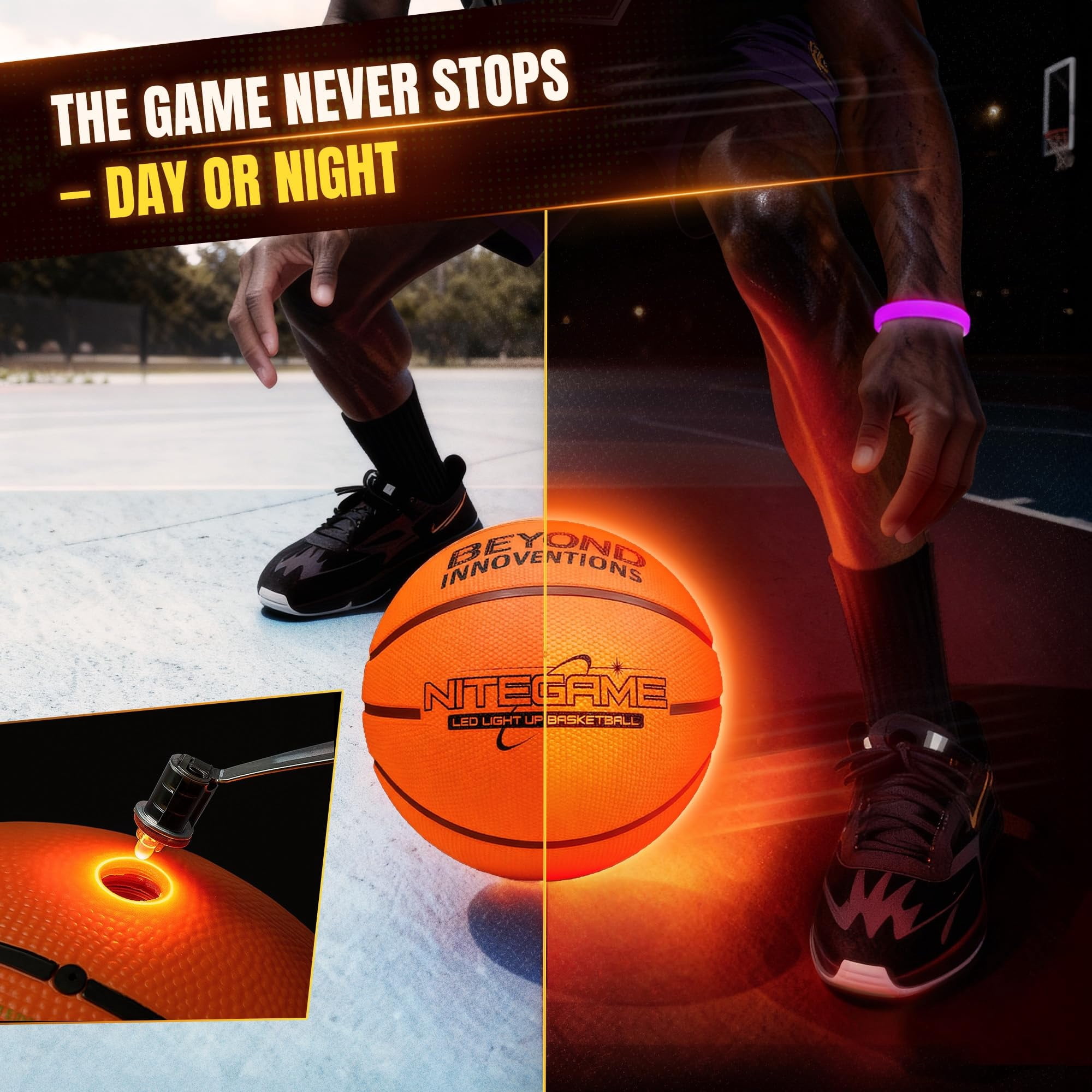 BEYOND INNOVENTIONS Glow in the Dark Basketball with 2x Light Up Bands, Official Size 7