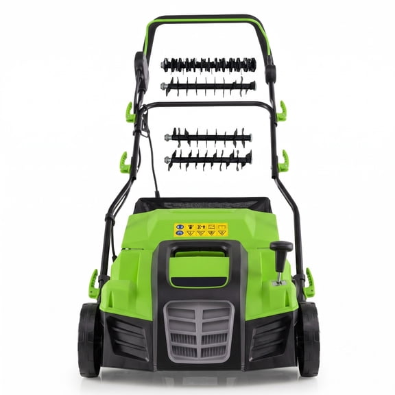 Biotree 16-Inch Electric Lawn Dethatcher and Scarifier, 2-in-1 Corded Walk-Behind Scarifier with 14.5-Gallon Collection Bag, 5-Position Depth Control and 3, Green