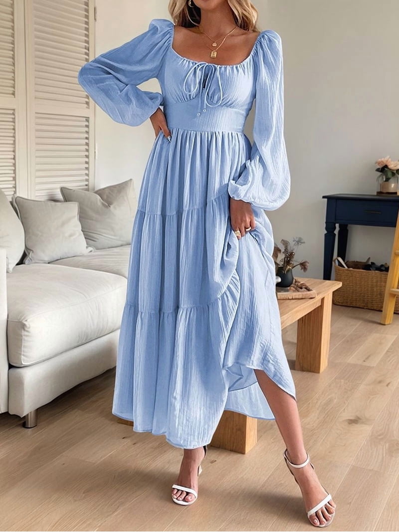 Womens Vacation Style French Dress Long Sleeve Waist Tied Casual Midi Dress Elegant Blue XL - Walmart.com Womens Vacation Style French Dress Long Sleeve Waist Tied Casual Midi Dress Elegant Blue XL - Walmart.com