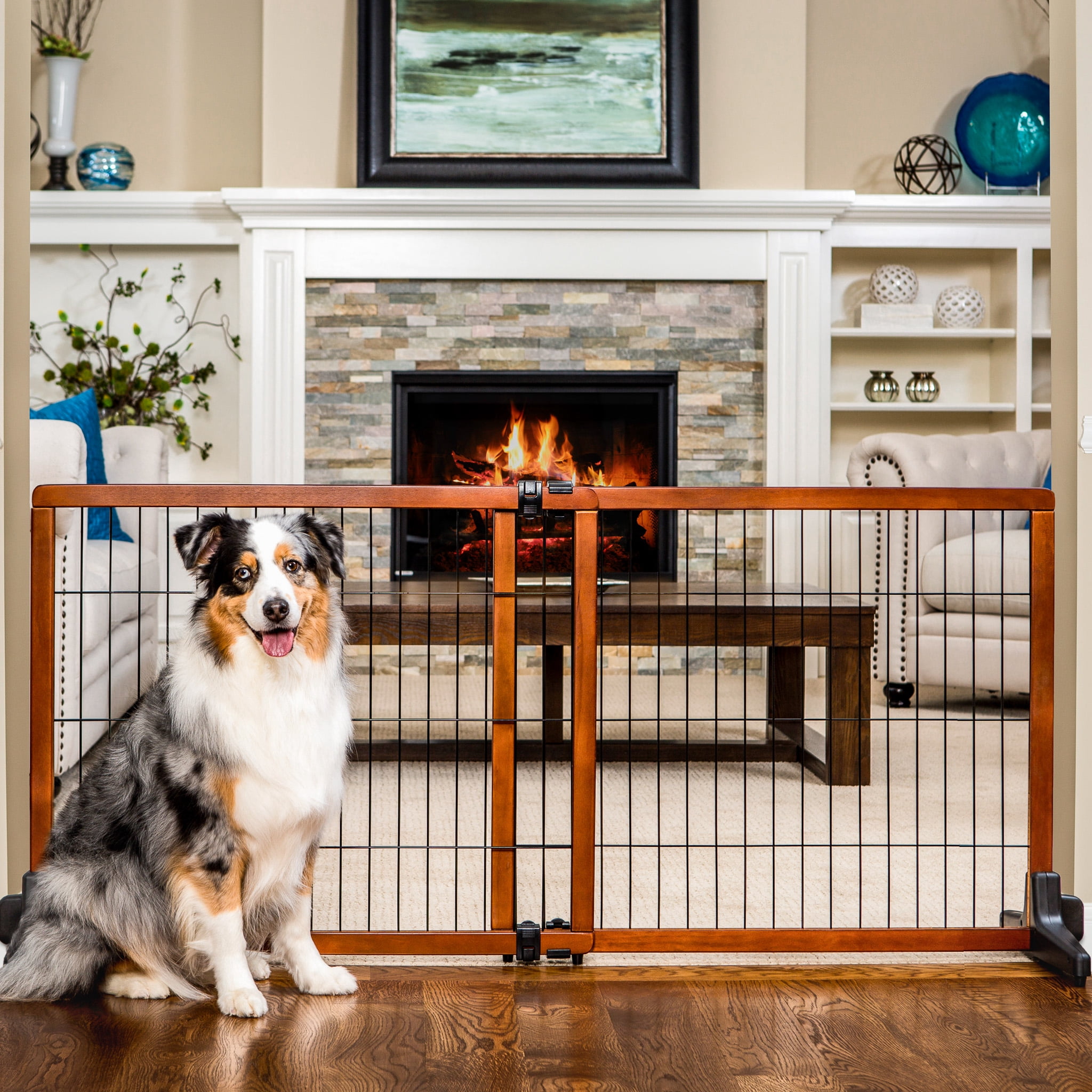 Carlson Pet Products, 41" - 70"L x 28"H Adjustable Freestanding Pet Gate, Premium Wood, Brown