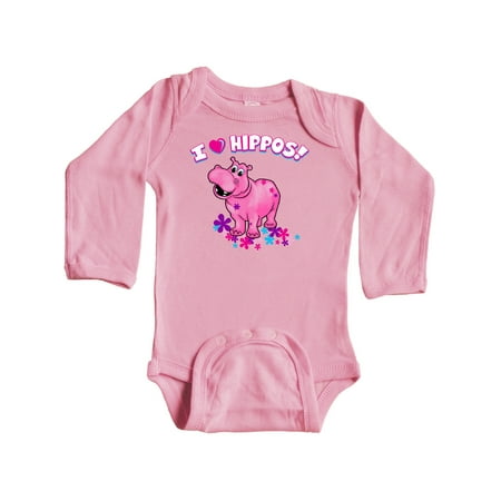 

Inktastic I Love Hippos with Pink Hippo and Flowers Gift Baby Boy or Baby Girl Long Sleeve Bodysuit