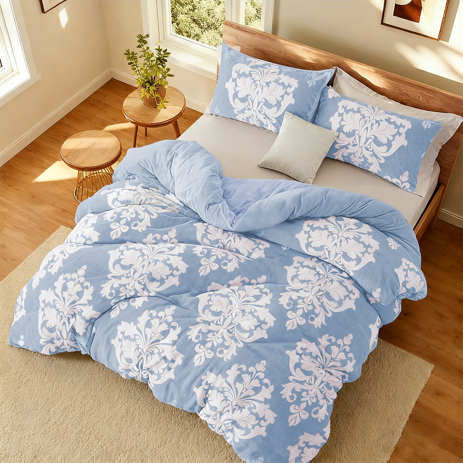 Exclusivo Mezcla Luxury Fuzzy King Size Comforter Set, 3 Pieces Boho Soft Warm Grayish Blue Comforters, Reversible Flannel Fluffy Bedding Comforter Sets for All Seasons