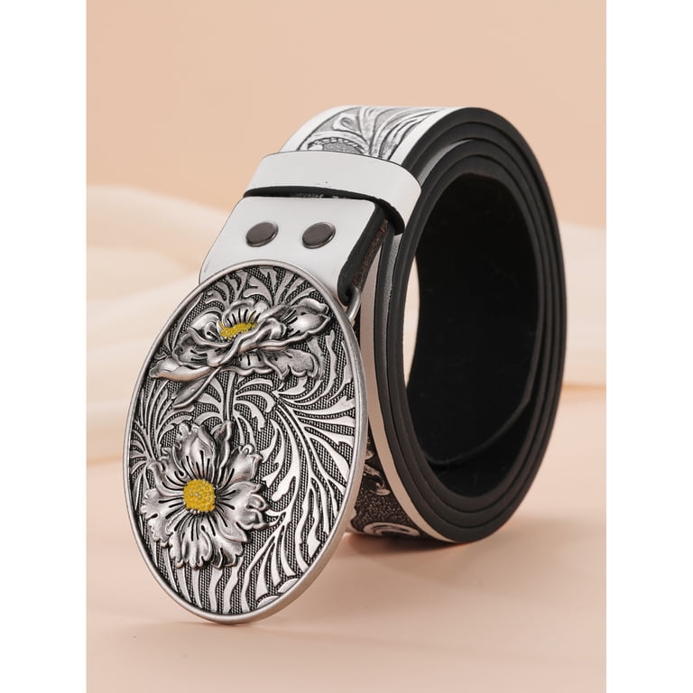 Engraved Flower Buckle Belt Cowboy Belts For Men Western  display picture 1