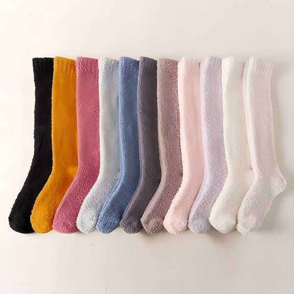 OQRKI Socks for Women, Fuzzy Socks for Women 4 Pairs Knee Fuzzy Socks Soft Warm High Socks Plush Winter Long Socks Assorted