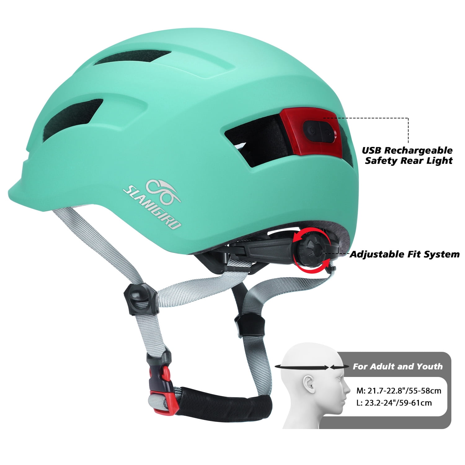 SLANIGIRO Adult Bike Helmet with Light - Commuter Bicycle Road Cycling Helmet with Replacement Pads for Men Women M (55-58cm)