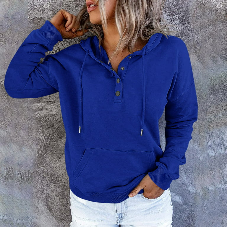 Ehtmsak Navy Blue Hoodies for Women Hoodie Sweatshirt Dress Button Up Royal Blue Pullover Button Down Workout Tops for Women Loose Fit Royal Blue S