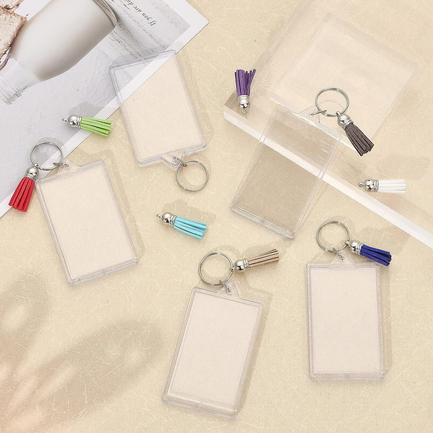 16Pcs Rectangle Acrylic Photo Frame Keychain with Iron Key Ring with 16Pcs 8 Colors Suede Tassels Mixed Color 3.8~12.2x1cm