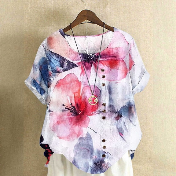 Inverlee Cotton Linen Floral Print Short Sleeve Tee Tops Summer Trendy Round Neck Pullover Shirts Dressy Casual Lightweight Breathable Blouse with Fake Button S-XXL