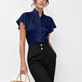 thumbnail image 3 of Uootdi Work Tops for Women Stand Collar Flutter Short Sleeve Button Front Plain Satin Womens Shirts Straight Fit Business Casual Silky Summer Blouses for Women, 3 of 5