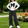 thumbnail image 7 of Girls Fall Outfits Set Lightweight Casual Cute Long Sleeve Graphic T Shirts and Cargo Pants Kids Clothes Black 10, 7 of 7