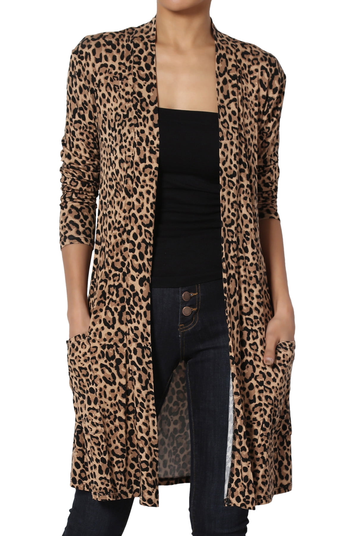 TheMogan Women's S~3X Leopard Print Long Sleeve Slouchy Pocket Open Front Cardigan - Walmart.com