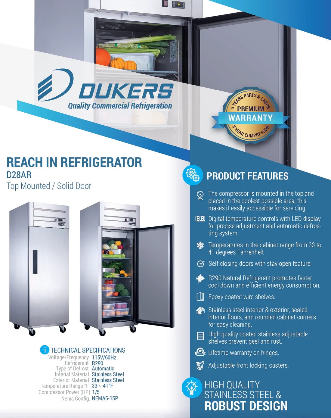 Dukers D28AR Commercial Single Door Refrigerator in Stainless Steel