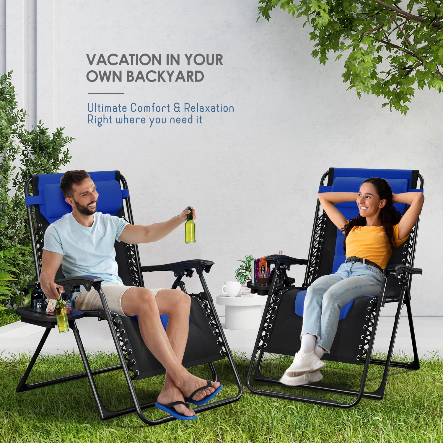 LammaLoe Padded Zero Gravity Chair Oversize, Lounge Chair Outdoor, with Adjustable Headrest and Side Tray, 330 lbs Capacity – Black/Blue