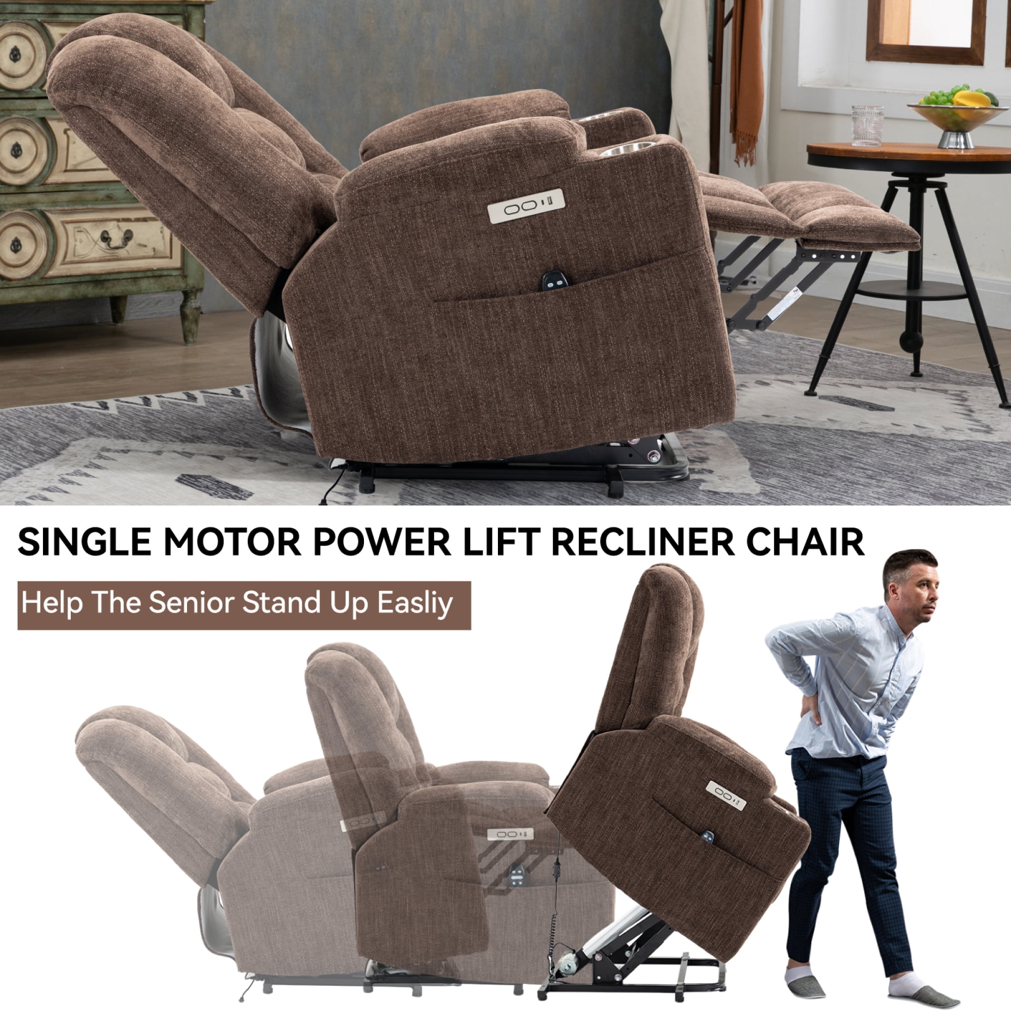 Large Power Lift Recliner Chair with Massage and Heat for Elderly,Chenille Overstuffed Wide Recliners with USB and Type C Ports, 2 Steel Cup Holders,Brown