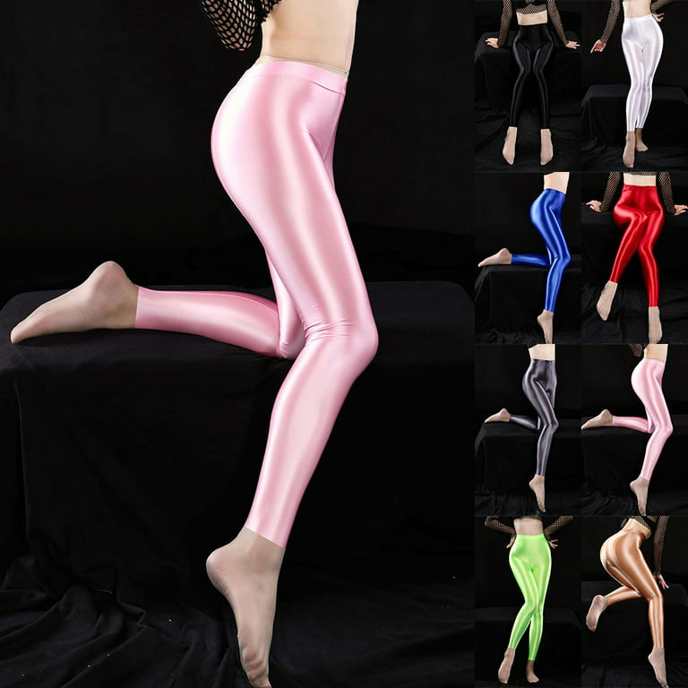 ALSLIAO Women Shiny Glossy Opaque Leggings Super Elastic Slim Trousers Yoga  Pants Pink L 