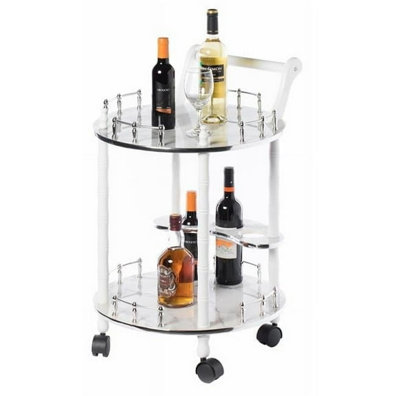 19 x 30 in. Round Wood Serving Bar Cart Tea Trolley with 2 Tier Shelves & Rolling Wheels, Silver, White & Gray