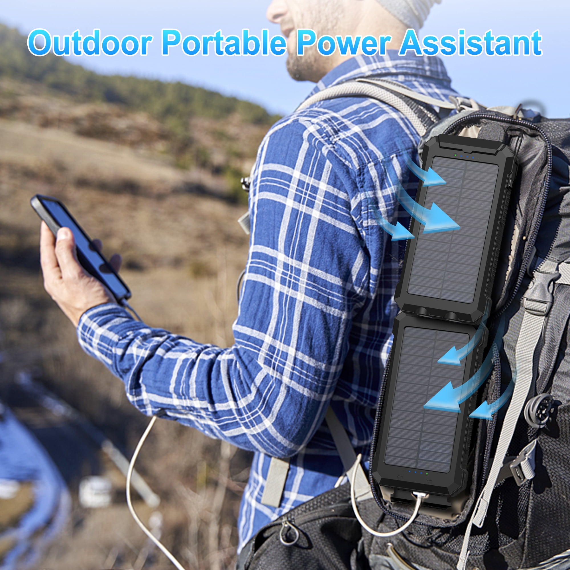 OWNTECH 20000mAh Solar Power Bank, QC3.0 Fast Charging, Dual USB Ports with Built-in LED Flashlight  Portable Solar Charger for All Smartphones and Apple Watch